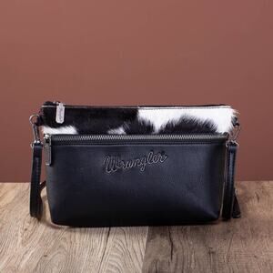 Wrangler Hair-On Hide Crossbody Bag | Black & White Cow Print Western Purse NEW